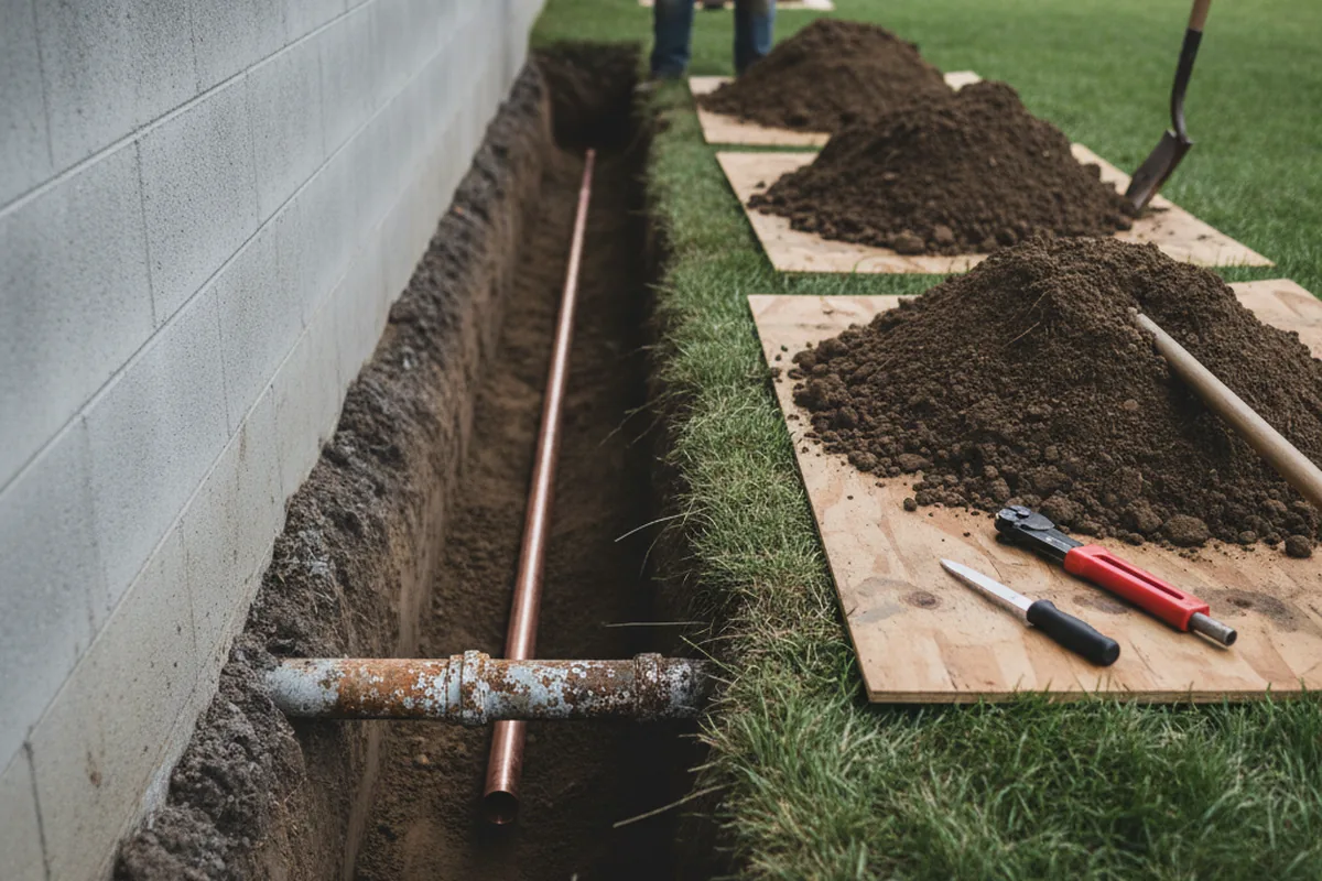 Excavated water line trench during Water Softener Installation in Greenwald